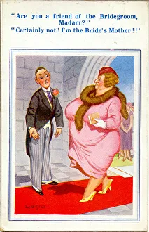 Comic postcard, Wedding usher and bride's mother Date: 20th century Comic postcard, Wedding usher and bride's mother Date: 20th century
