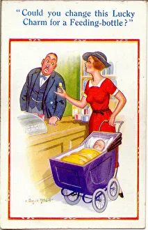 Comic postcard, Woman with baby in a shop Date: 20th century Comic postcard, Woman with baby in a shop Date: 20th century