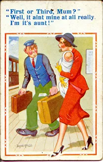 Comic postcard, Woman, baby and station porter Comic postcard, Woman, baby and station porter