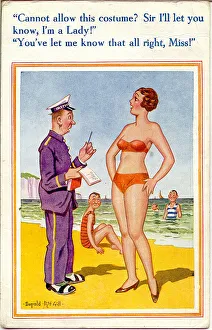 Swimsuit Gallery: Comic postcard, Woman in bikini and beach inspector Date: 20th century