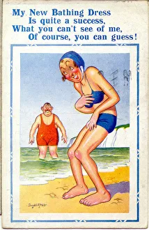 Bikini Gallery: Comic postcard, Woman in blue bikini at the seaside Date: 20th century