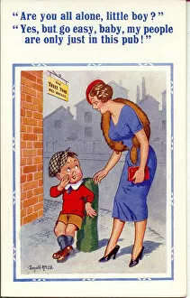 Confident Gallery: Comic postcard, Woman and boy outside a pub Date: 20th century