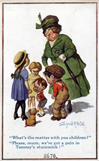 Comic postcard, Woman with children Date: circa 1918 Comic postcard, Woman with children Date: circa 1918