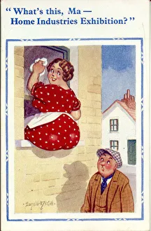 Comic postcard, Woman cleaning window Date: 20th century Comic postcard, Woman cleaning window Date: 20th century