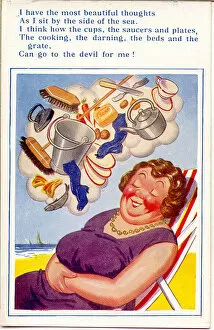 Chores Gallery: Comic postcard, Woman in deckchair at the seaside, dreaming of all the housework she