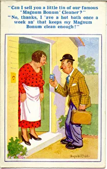 Comic postcard, Woman and door-to-door salesman Date: 20th century Comic postcard, Woman and door-to-door salesman Date: 20th century