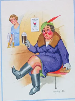 Comic postcard, Woman drinking in a pub Comic postcard, Woman drinking in a pub