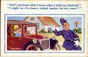 Comic postcard, Woman driver and policeman Date: 20th century Comic postcard, Woman driver and policeman Date: 20th century