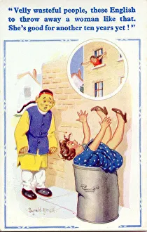 Comic postcard, Woman falls from window into dustbin Date: 20th century Comic postcard, Woman falls from window into dustbin Date: 20th century