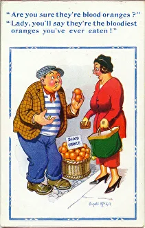 Comic postcard, Woman with fruit seller Date: 20th century Comic postcard, Woman with fruit seller Date: 20th century