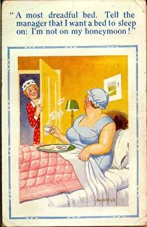 Comic postcard, Woman in hotel bedroom Date: 20th century Comic postcard, Woman in hotel bedroom Date: 20th century