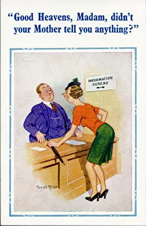 Comic postcard, Woman at Information Bureau Date: 20th century Comic postcard, Woman at Information Bureau Date: 20th century