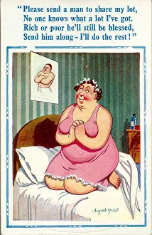 Comic postcard, Woman kneeling in bed, praying for a man Date: 20th century Comic postcard, Woman kneeling in bed, praying for a man Date: 20th century