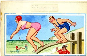 Bikini Gallery: Comic postcard, Woman and man diving into the sea, with the mans annoyed wife standing