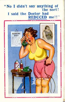 Comic postcard, Woman on the phone - reducing diet Date: 20th century Comic postcard, Woman on the phone - reducing diet Date: 20th century