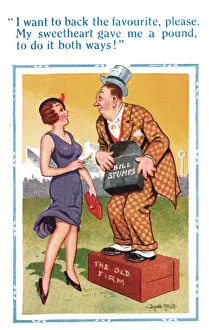 Comic postcard, woman at the races with bookie, placing a bet both ways Date Comic postcard, woman at the races with bookie, placing a bet both ways Date