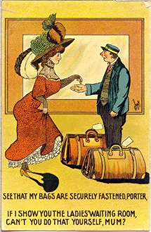 Comic postcard, Woman and railway porter Date: early 20th century Comic postcard, Woman and railway porter Date: early 20th century