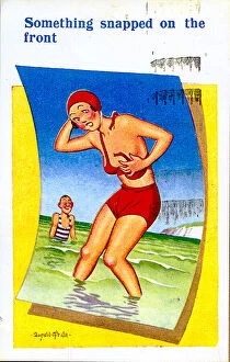 Bikini Gallery: Comic postcard, Woman in red bikini at the seaside