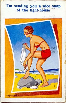 Bikini Gallery: Comic postcard, Woman in red bikini at the seaside Date: 20th century
