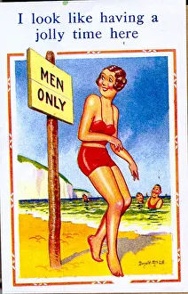 Bikini Gallery: Comic postcard, Woman in red bikini at the seaside - Men Only Date: 20th century