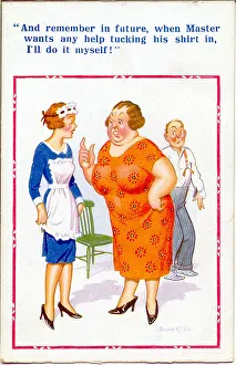 Comic postcard, Woman reprimands servant Date: 20th century Comic postcard, Woman reprimands servant Date: 20th century