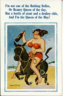 Bikini Gallery: Comic postcard, Woman riding donkey on beach with bottle of stout Date: 20th century
