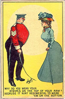 Comic postcard, Woman and sergeant Date: early 20th century Comic postcard, Woman and sergeant Date: early 20th century