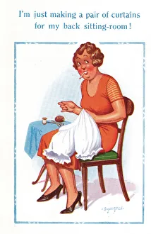 Comic postcard, woman sewing underwear Comic postcard, woman sewing underwear