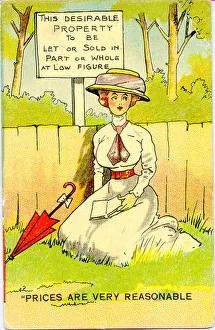 Comic postcard, Woman sitting in a park Date: early 20th century Comic postcard, Woman sitting in a park Date: early 20th century