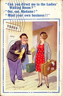 Comic postcard, Woman travelling in Paris - a helpful Frenchman Date: 20th century Comic postcard, Woman travelling in Paris - a helpful Frenchman Date: 20th century