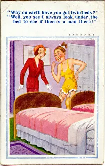 Comic postcard, Woman with twin beds Date: 20th century Comic postcard, Woman with twin beds Date: 20th century