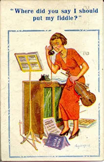 Comic postcard, Woman with violin on the phone Date: 20th century Comic postcard, Woman with violin on the phone Date: 20th century