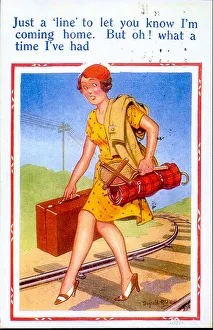 Comic postcard, Woman walking along railway track Date: 20th century Comic postcard, Woman walking along railway track Date: 20th century
