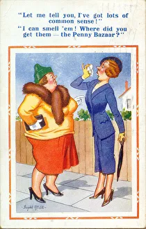 Comic postcard, Two women argue in street Date: 20th century Comic postcard, Two women argue in street Date: 20th century