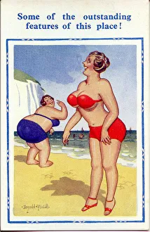 Bikini Gallery: Comic postcard, Two women in bikinis at the seaside