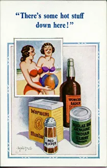 Bikini Gallery: Comic postcard, Two women in bikinis at the seaside - hot stuff Date: 20th century
