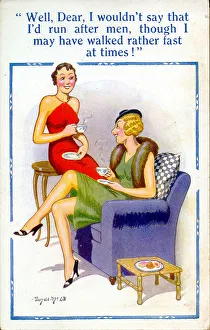 Comic postcard, Two women chat about men Date: 20th century Comic postcard, Two women chat about men Date: 20th century