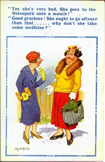 Comic postcard, Two women discuss illness Date: 20th century Comic postcard, Two women discuss illness Date: 20th century