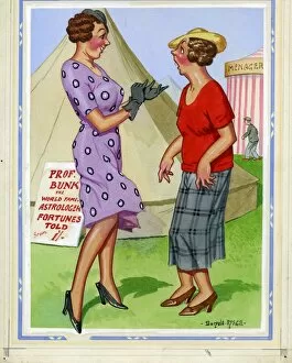 Prediction Gallery: Comic postcard, Two women at a fairground, near the fortune tellers tent Date