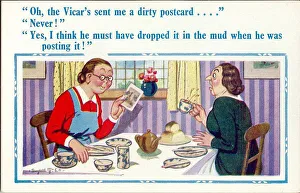 Comic postcard, Two women having breakfast - postcard from the vicar Date Comic postcard, Two women having breakfast - postcard from the vicar Date