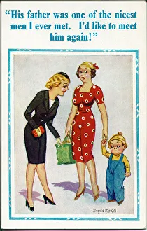 Comic postcard, Two women and a little boy Date: 20th century Comic postcard, Two women and a little boy Date: 20th century