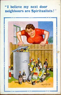 Comic postcard, Women looking over garden fence Date: 20th century Comic postcard, Women looking over garden fence Date: 20th century