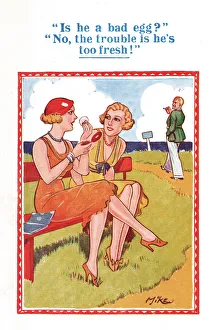 Comic postcard, Two women and a man at the seaside - too fresh! Date: 20th century Comic postcard, Two women and a man at the seaside - too fresh! Date: 20th century
