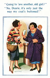 Comic postcard, Two women in the pub - double meaning Date: 20th century Comic postcard, Two women in the pub - double meaning Date: 20th century