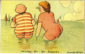 Comic postcard, Two women in the sea - waiting for the smacks. Date: 20th century Comic postcard, Two women in the sea - waiting for the smacks. Date: 20th century