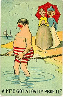 Comic postcard, Two women watch a man bathing in the sea Date: 20th century Comic postcard, Two women watch a man bathing in the sea Date: 20th century