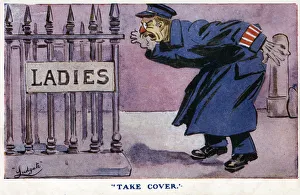 Comic Postcard - WW1 Home Front - Air Raid Alert - Take Cover - an eager volunteer Comic Postcard - WW1 Home Front - Air Raid Alert - Take Cover - an eager volunteer