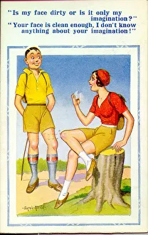 Comic postcard, Young couple out hiking Date: 20th century Comic postcard, Young couple out hiking Date: 20th century