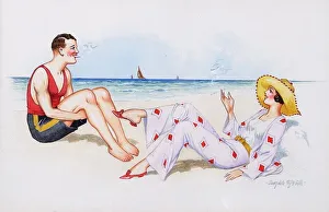 Comic postcard, Young couple relaxing on the beach Date: 20th century Comic postcard, Young couple relaxing on the beach Date: 20th century