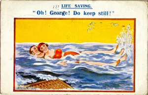 Bikini Gallery: Comic postcard, Young couple in the sea - Life Saving Date: 20th century